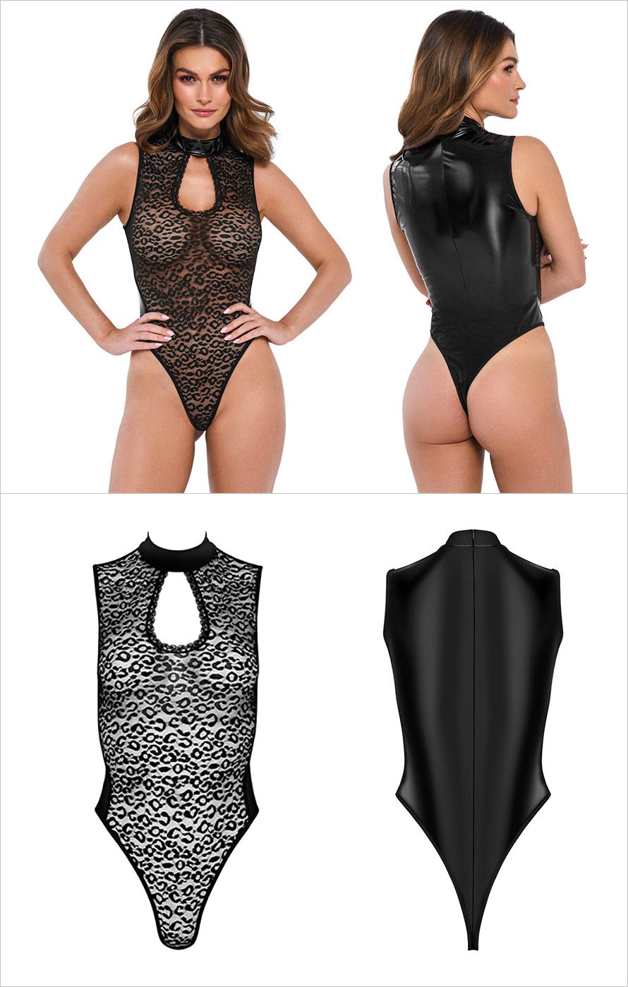 Kotek BD100 | Transparenter schwarzer Body mit Leopardenmuster und Kunstleder