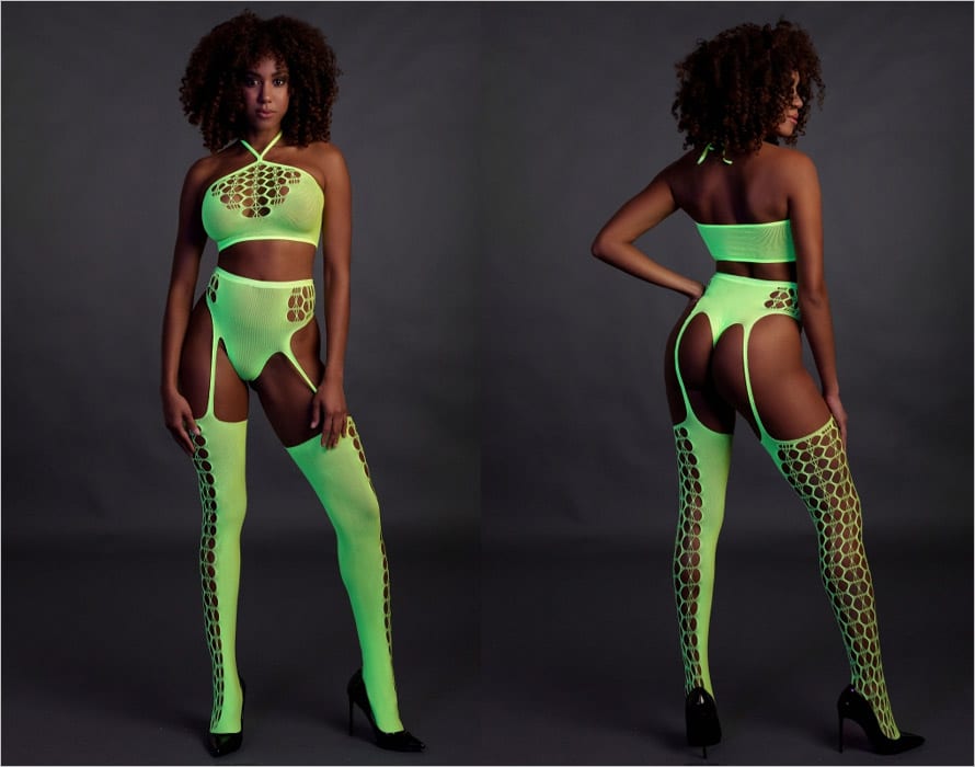 Ouch! Glow in the Dark | Crop Top und Strumpfband in Neongrün