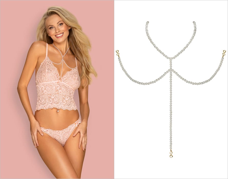 Obsessive A757 | Collier à perles blanches avec chaînettes dorées