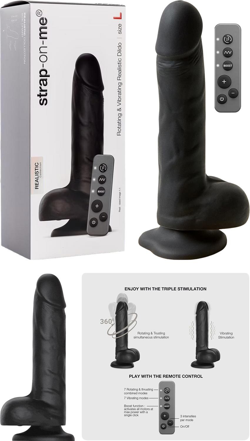 Strap-on-me | Vibromasseur réaliste rotatif et vibrant en silicone | Noir