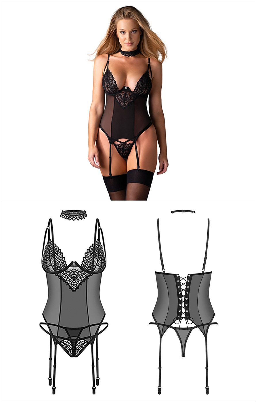 Obsessive Donarella | Korsett & String | Spitze und durchscheinender schwarzer Stoff