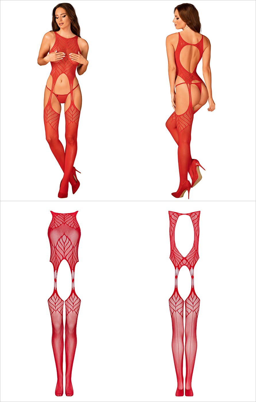 Obsessive N122 | Sinnlicher, roter Bodystocking aus gemustertem Mesh