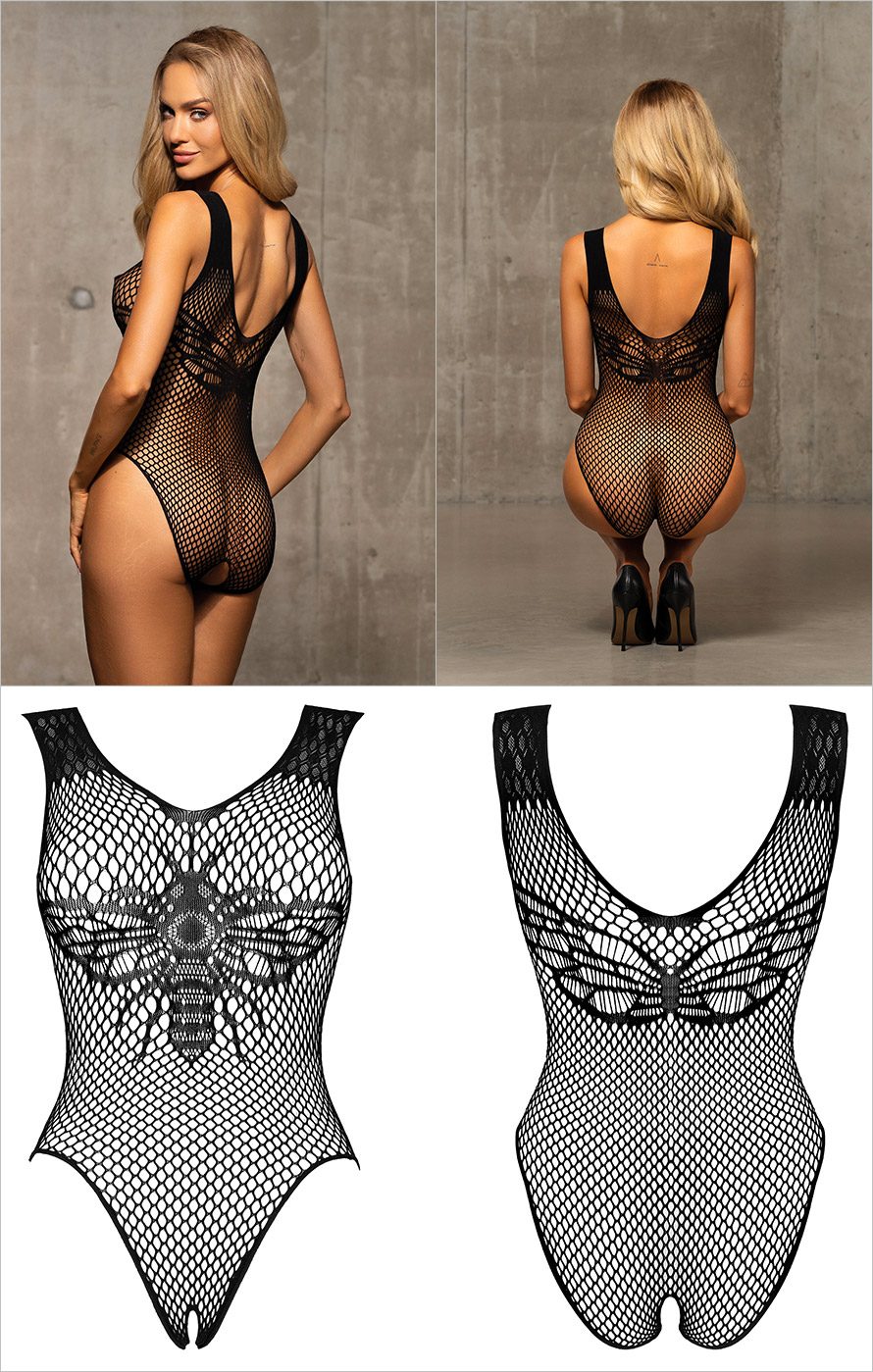 Obsessive B134 | Erhabener Body aus breitem Mesh mit Bienenmuster