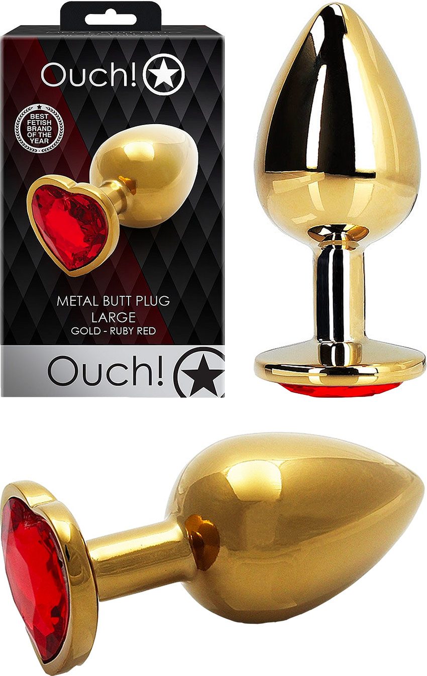 Ouch! Metal Butt Plug | Gold Plug mit Herz in rotem Kristall | Large