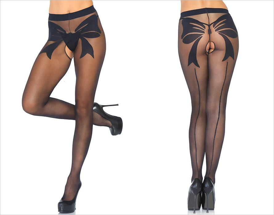 Leg Avenue Woven Bow | Collant ouvert à l'entrejambe avec noeuds