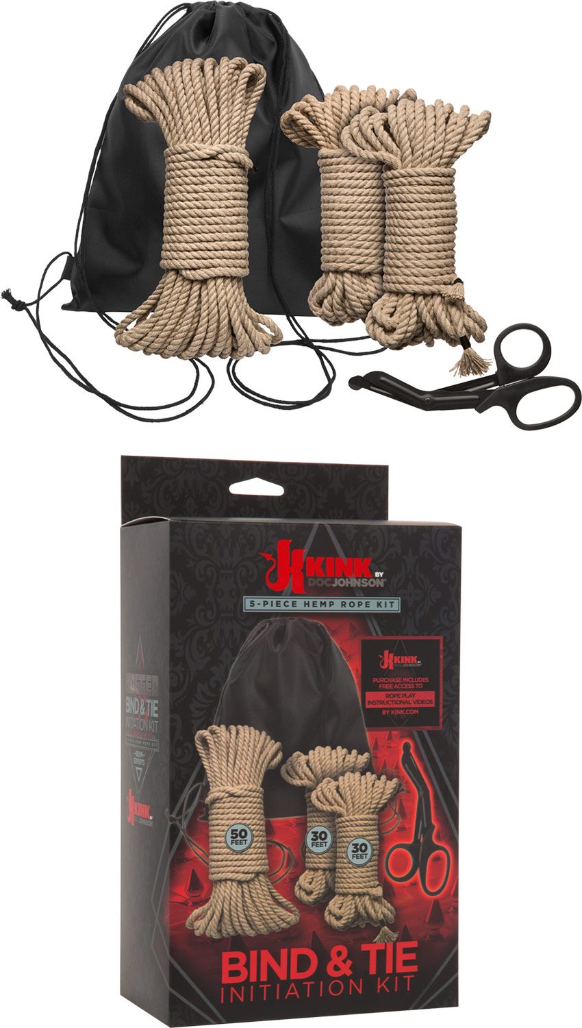 Kink Bind & Tie | Kit d'initiation au bondage (3 cordes et ciseaux)
