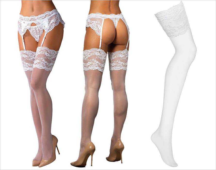 Obsessive 810-STO-2 | Bas blanc décorés de dentelle florale