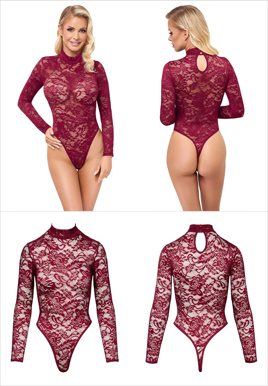 Cottelli Lingerie | Body en dentelle à manches longues | Bordeaux