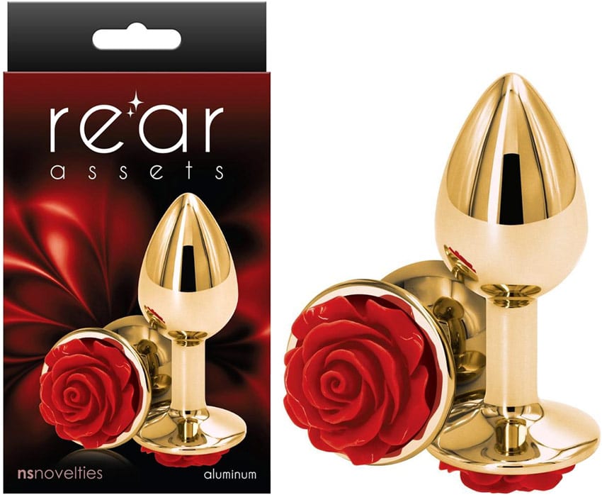 NS Novelties Rear Assets | Petit plug doré et décoré d'une rose rouge