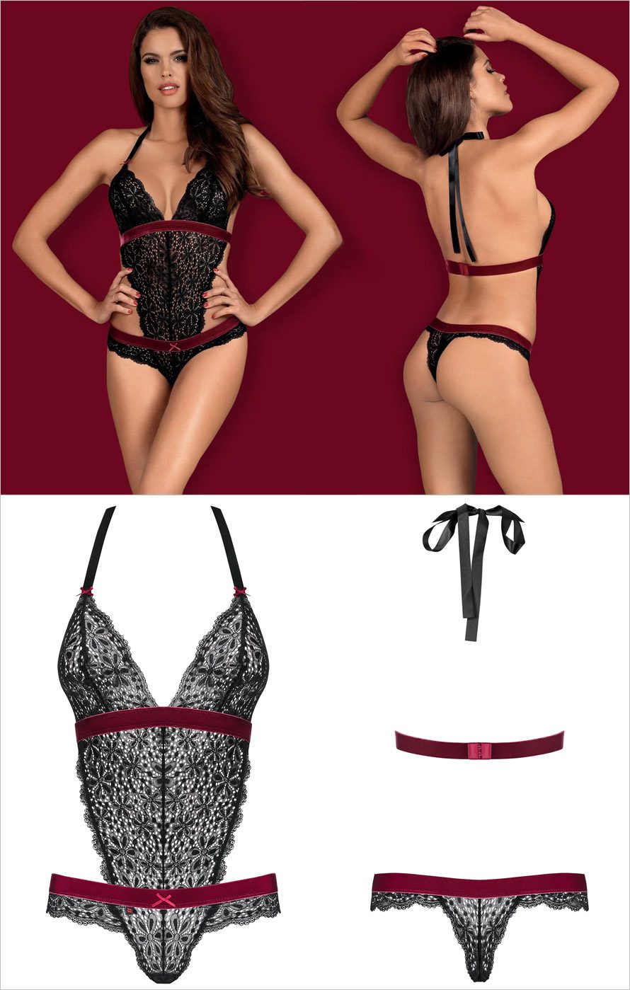 Obsessive Rossita Teddy | Élégant body avec bandes en velours bordeaux