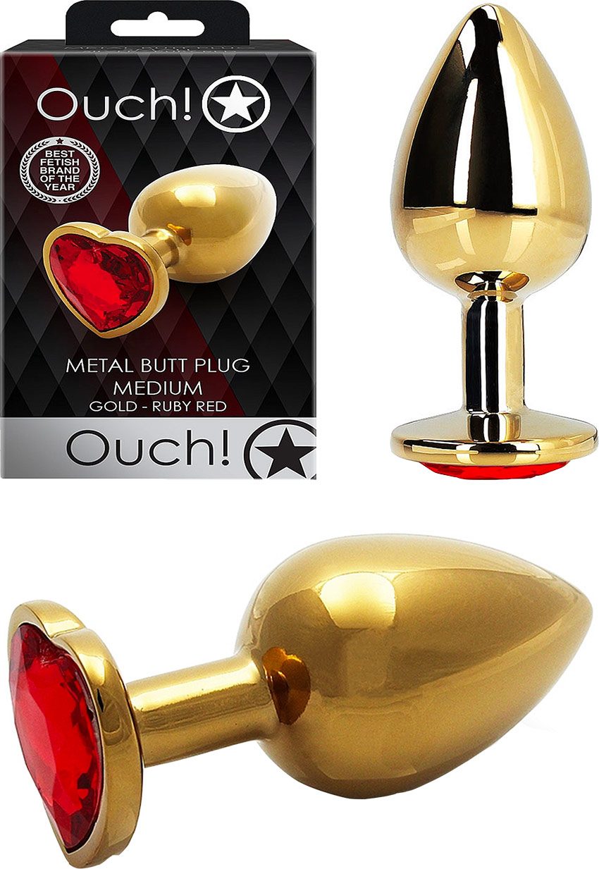 Ouch! Metal Butt Plug | Plug doré avec coeur en cristal rouge | Medium