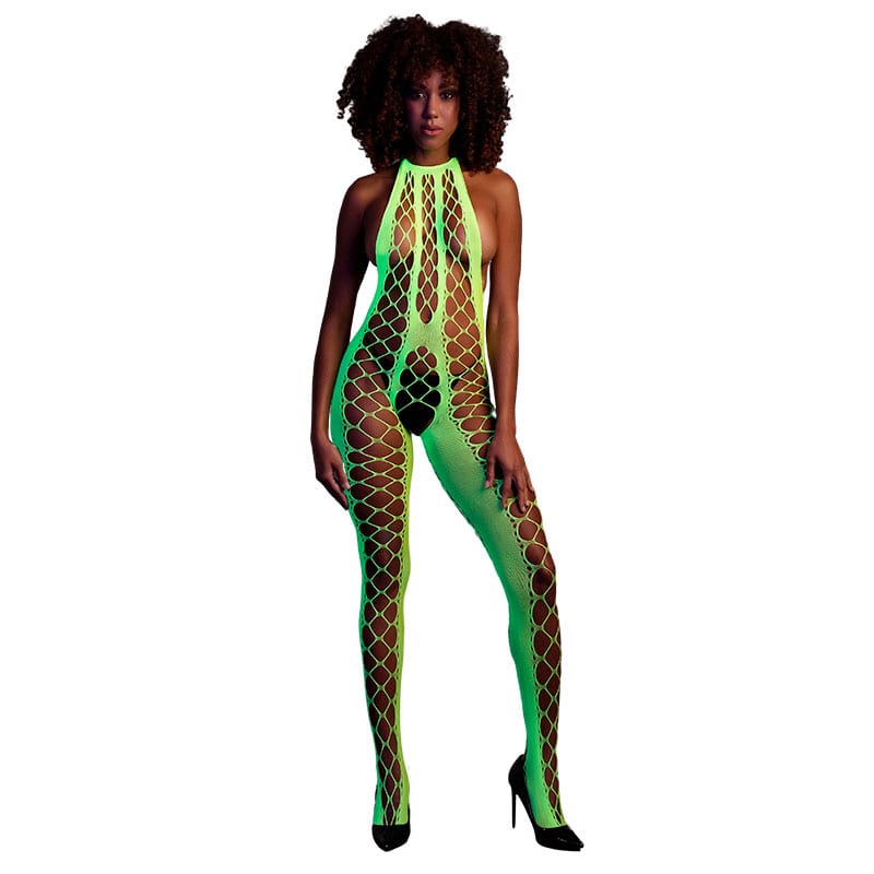 Ouch! Glow in the Dark | Bodystocking moulant avec dos nu vert fluo