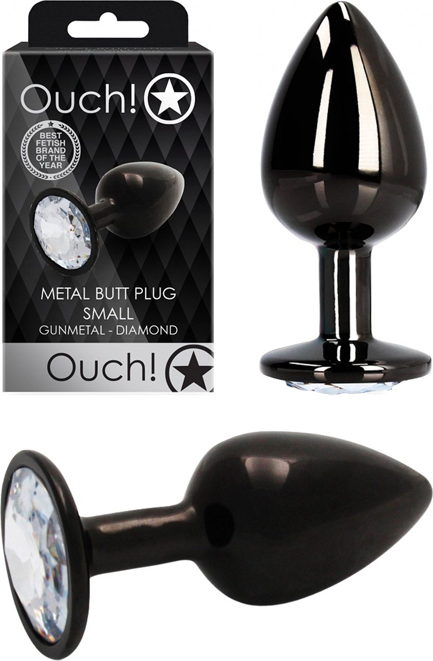 Ouch! Metal Butt Plug | Plug noir avec base en cristal argenté | Small