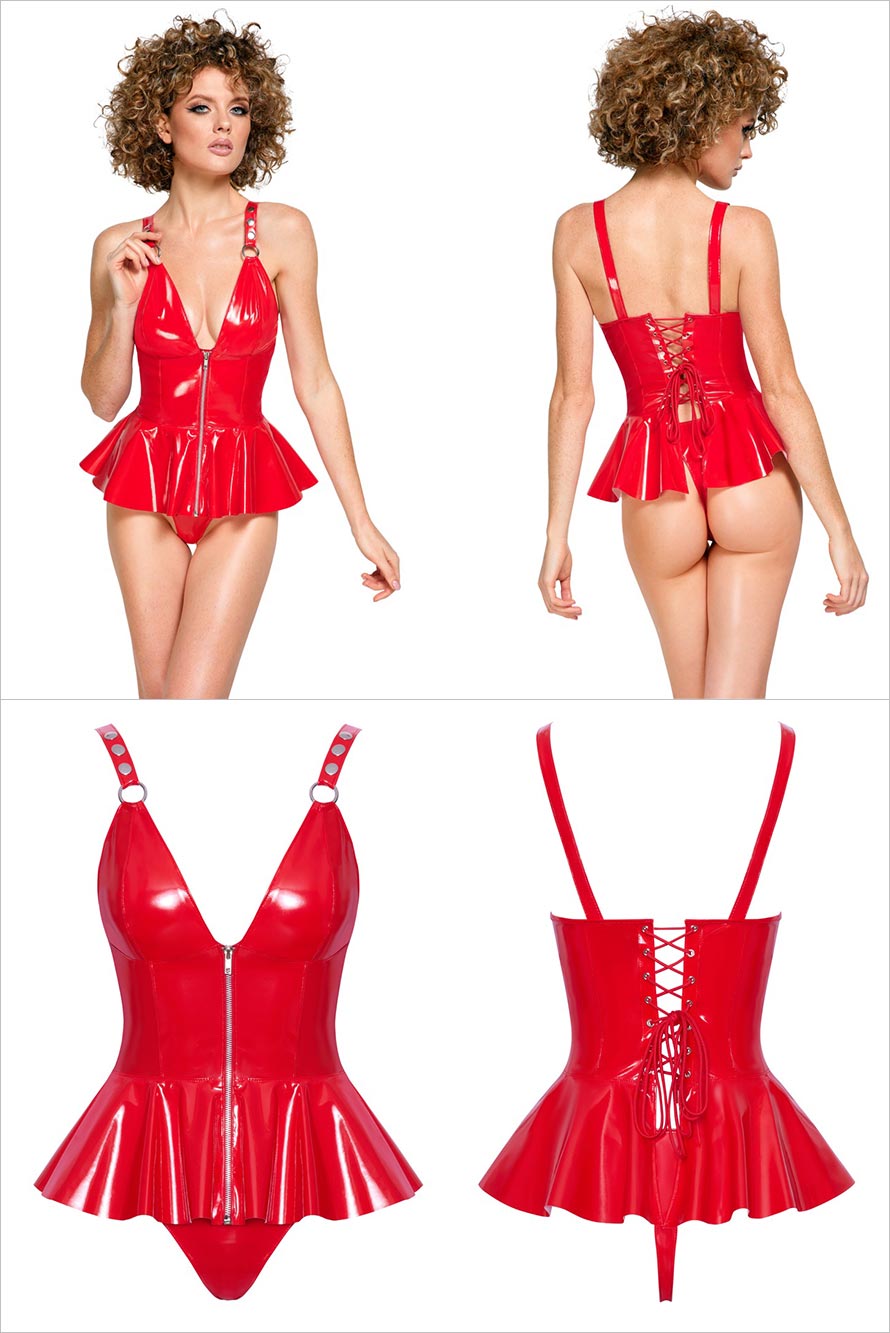 Black Level | Ultra-sexy Korsett aus rotem Vinyl mit passendem String