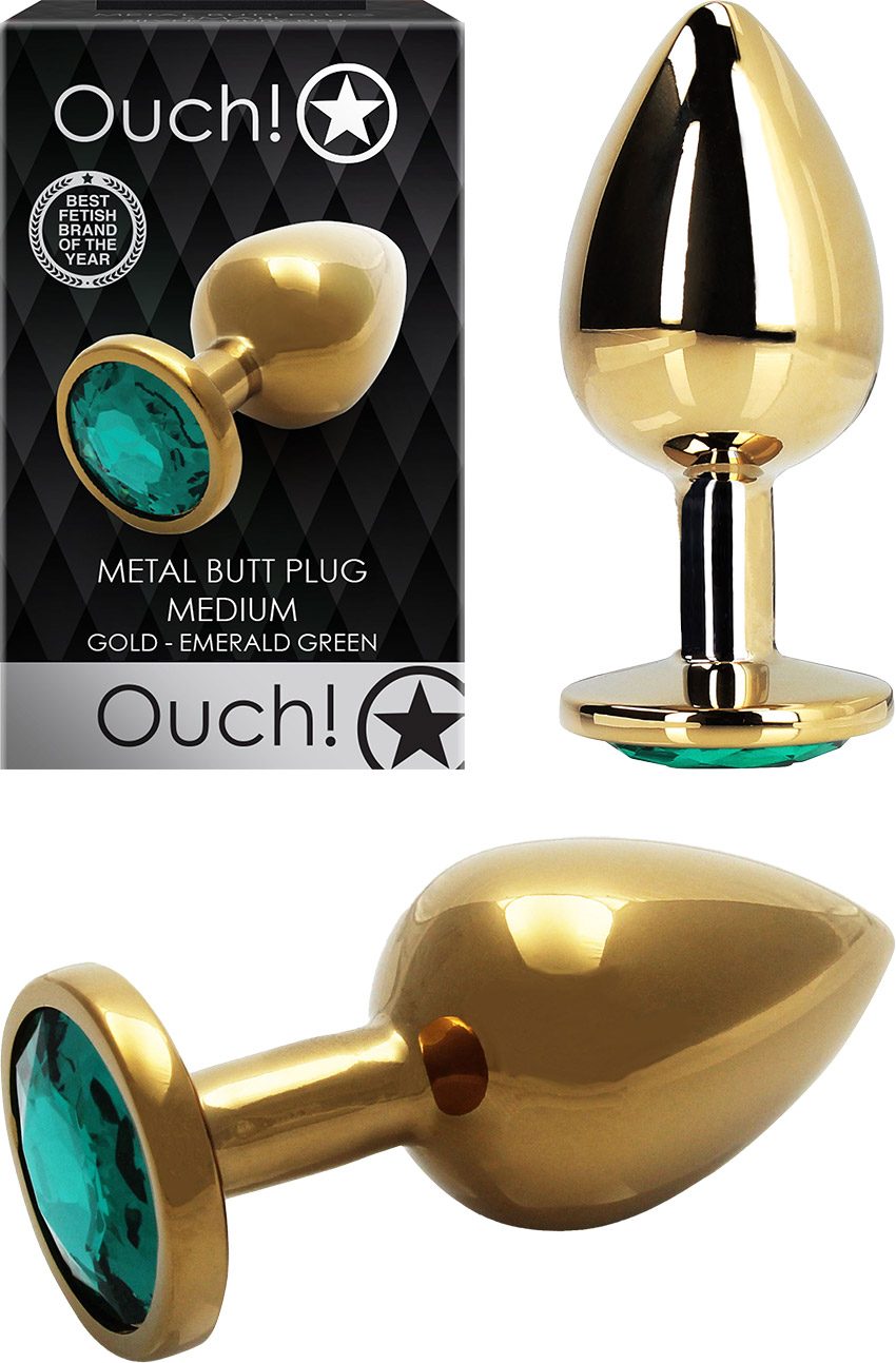 Ouch! Metal Butt Plug | Plug en métal doré avec cristal vert | Medium