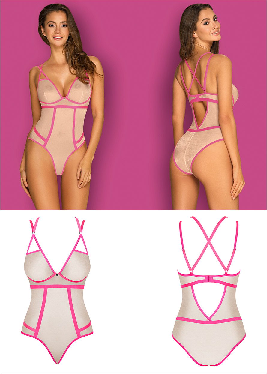 Obsessive Nudelia | Halbtransparenter Body mit neonrosa Trägern