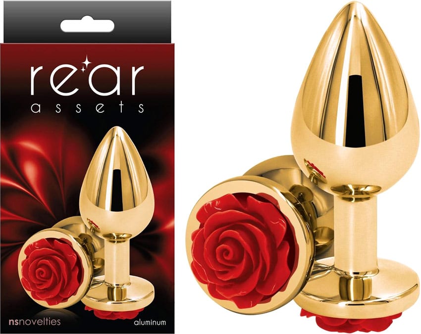 NS Novelties Rear Assets | Mittlere und goldener Plug verziert mit einer roten Rose
