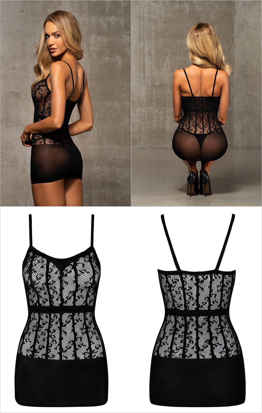 Obsessive D605 | Erhabenes Bodystocking-Kleid aus schwarzem Mesh