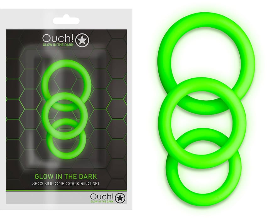 Ouch! | Packung mit 3 dehnbaren Cockrings aus phosphoreszierendem Silikon