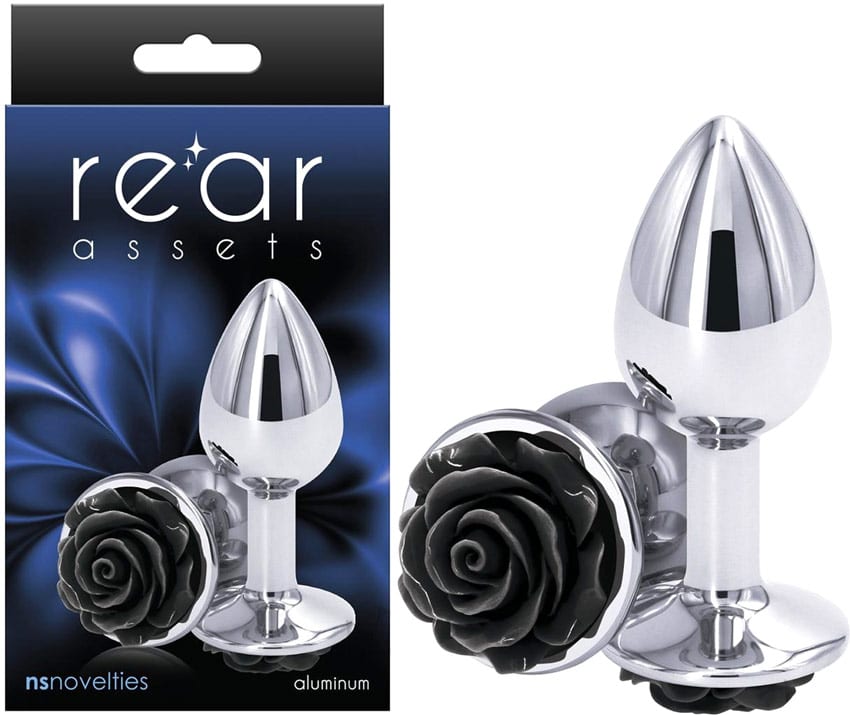 NS Novelties Rear Assets | Kleiner, silberner Analplug mit schwarzer Rose