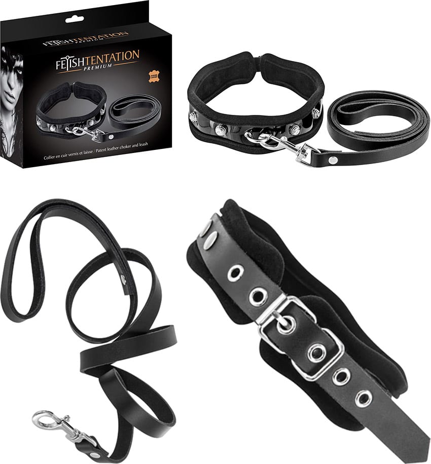 Fetish Tentation Premium | Collier en cuir laqué et laisse
