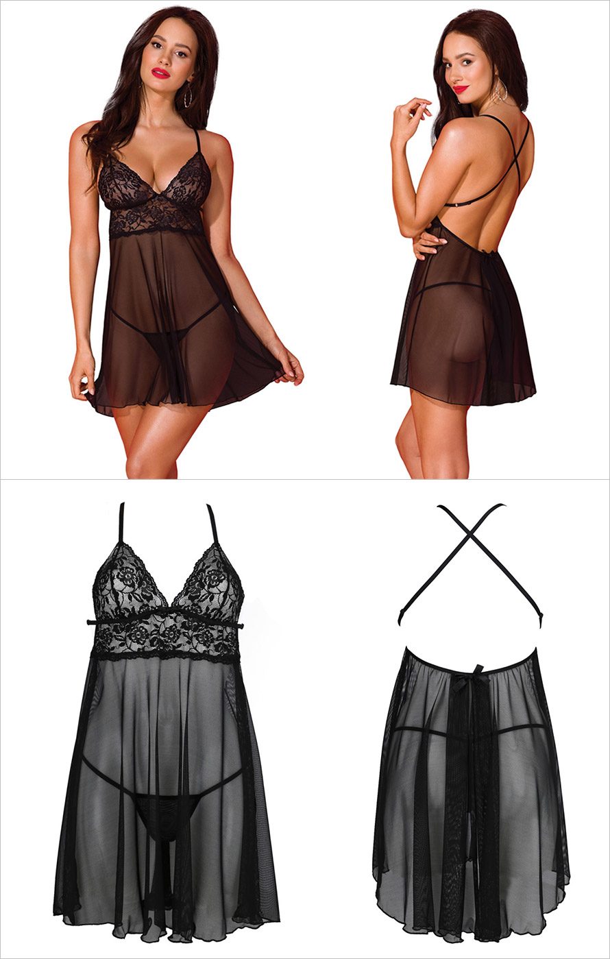 Avanua Leslie | Chemise aus floraler Spitze und zartem Schleier | Schwarz