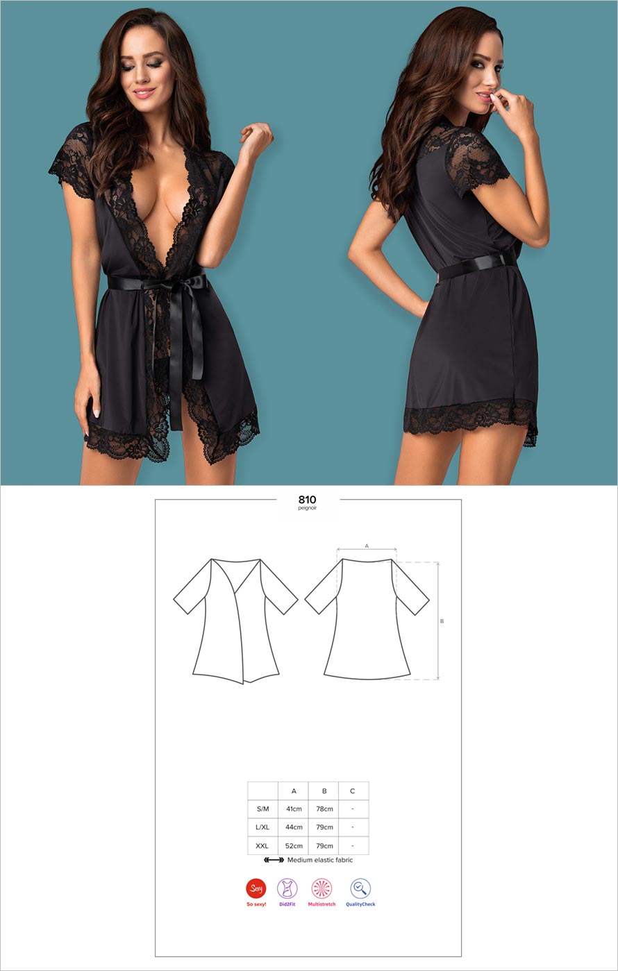 Obsessive 810-PEI-1 | Séduisant peignoir en tissu satiné et dentelle