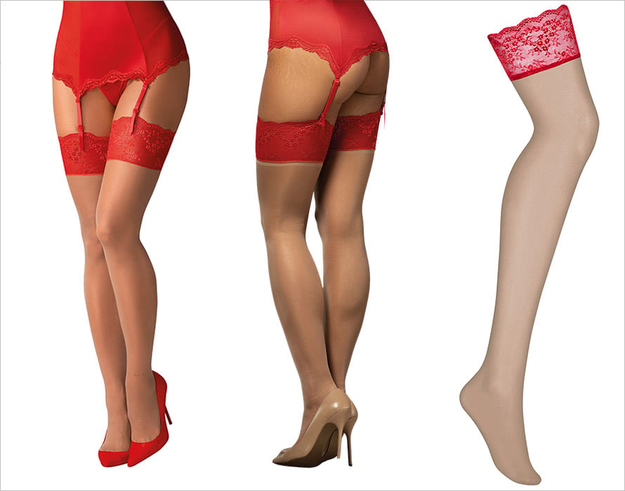 Obsessive Lovica | Bas fin beige rehaussés de dentelle rouge