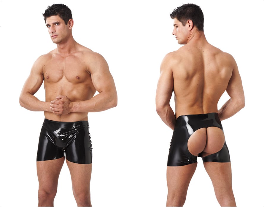 Rimba Short en latex pour homme ouvert sur l'arrière - Noir