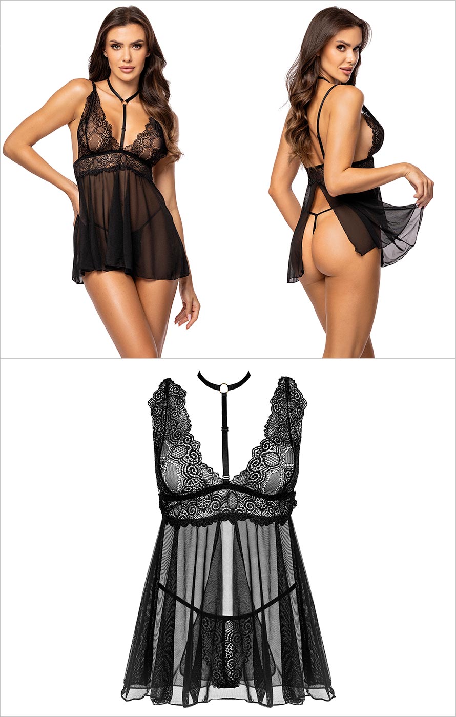Beauty Night Milana | Babydoll noir avec string