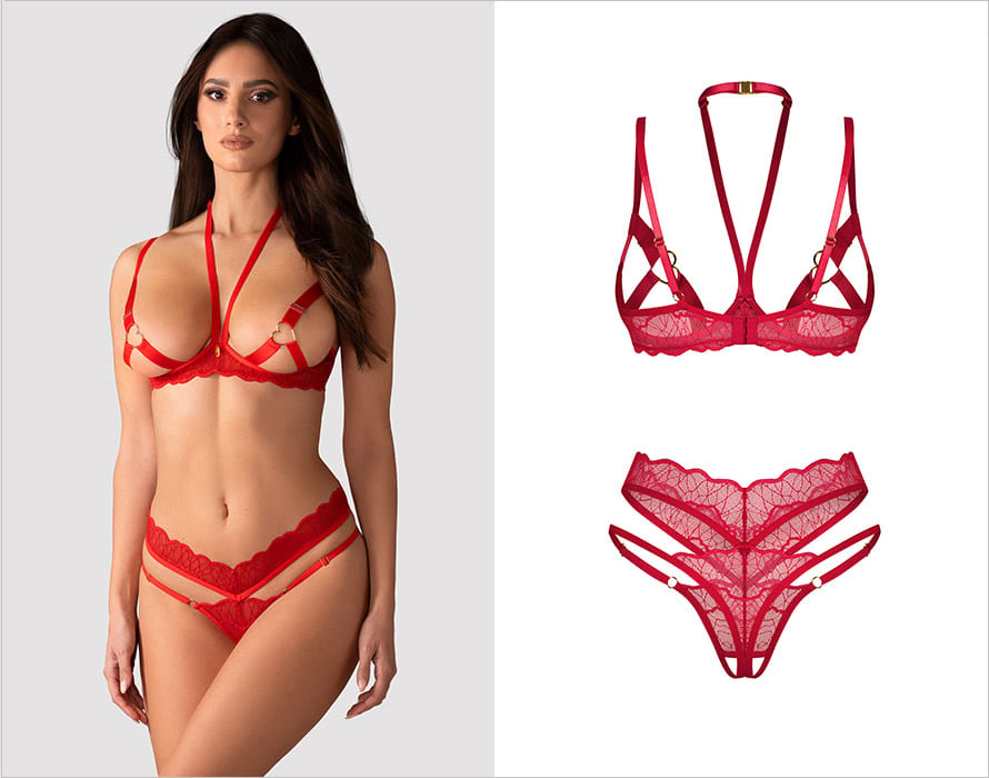 Obsessive Cupide Desir | Ensemble ouvert en dentelle rouge avec coeurs
