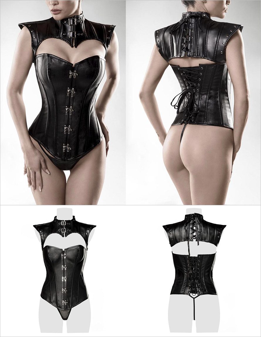 Grey Velvet 15307 | Kunstlederkorsett mit Schulterpolster und String