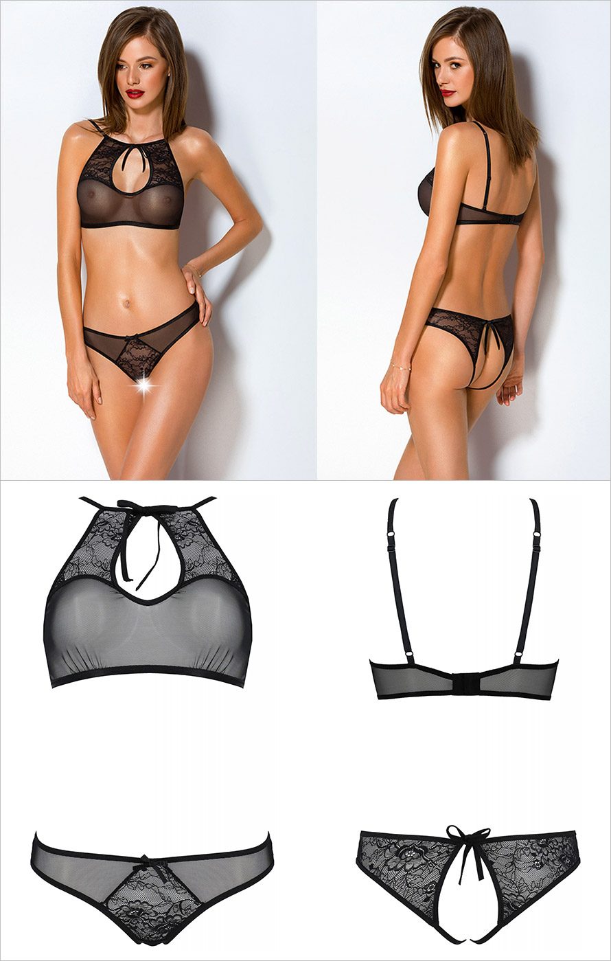 Passion Ursula | Erotisches Set aus Tüll und schwarzer, floraler Spitze