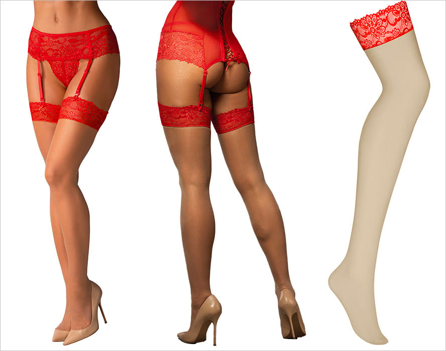 Obsessive 838 | Elegante feine Strümpfe, beige mit roter Spitze