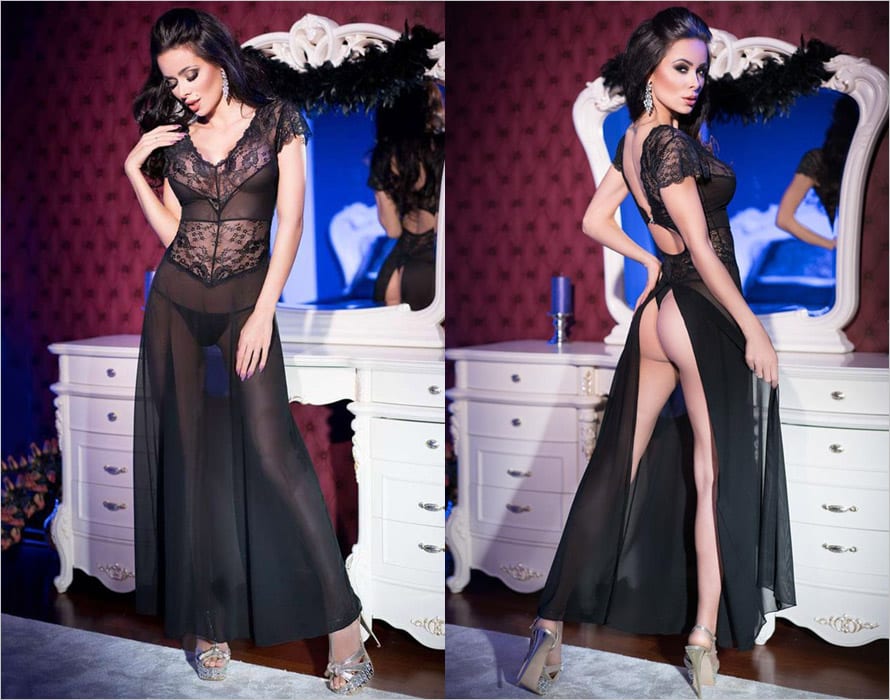 Chilirose 4167 | Long déshabillé en voile et dentelle florale