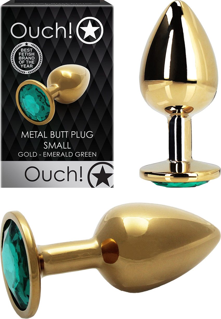 Ouch! Metal Butt Plug | Plug en métal doré avec cristal vert | Small