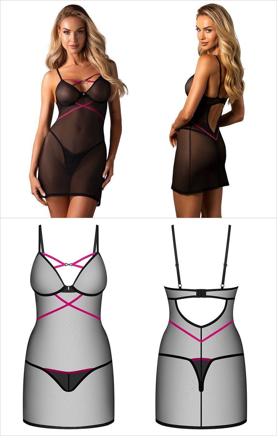 Obsessive Novenes | Sexy Nachthemd und moderner Tanga aus schwarzem Tüll