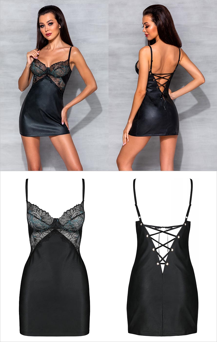 Passion Astrida | Sexy und schwarze Chemise aus Kunstleder mit Nasseffekt