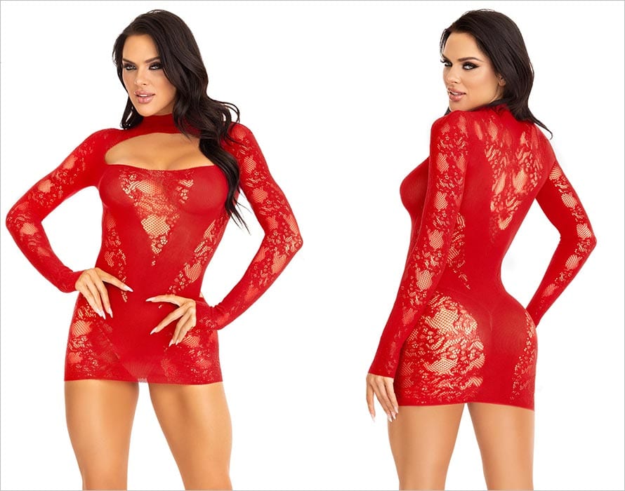 Leg Avenue 87204 | Mini robe en résille et dentelle florale | Rouge