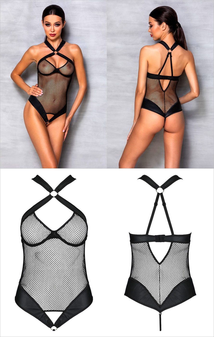 Passion Amanda | Body sensuel en résille noire et simili-cuir
