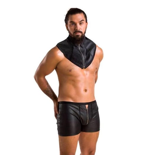 Passion Boxershorts und Kunstlederkragen Set 051 Edward - Schwarz